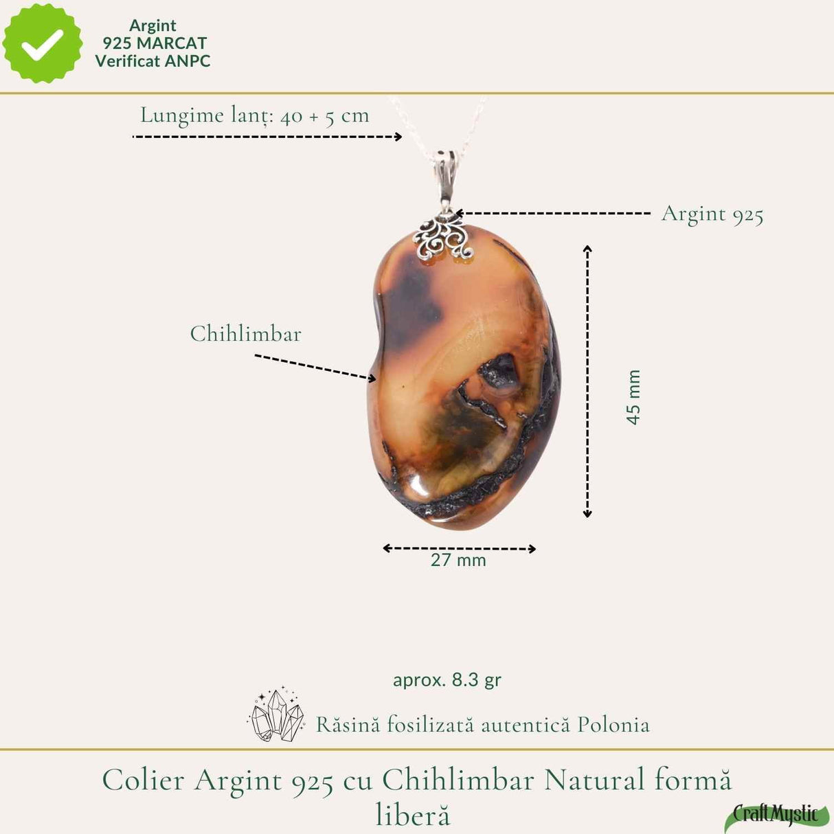 Colier argint 925 cu pandantiv oval si chihlimbar natural - Energie solara si eleganta