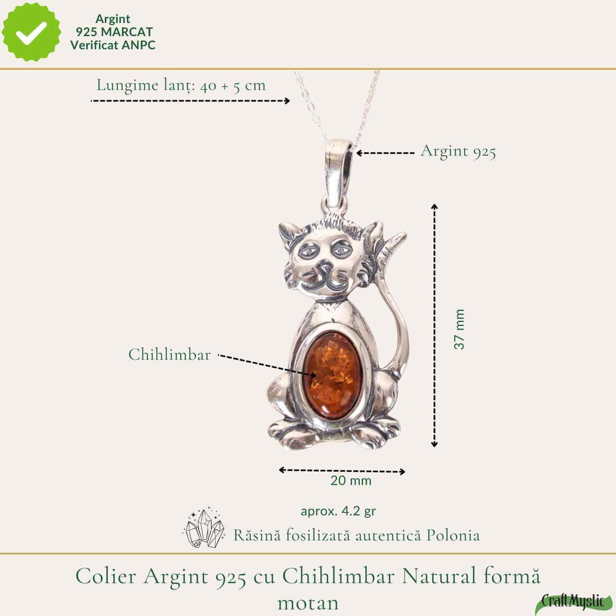 Colier argint 925 cu pisica si chihlimbar natural - Energie solara si protectie