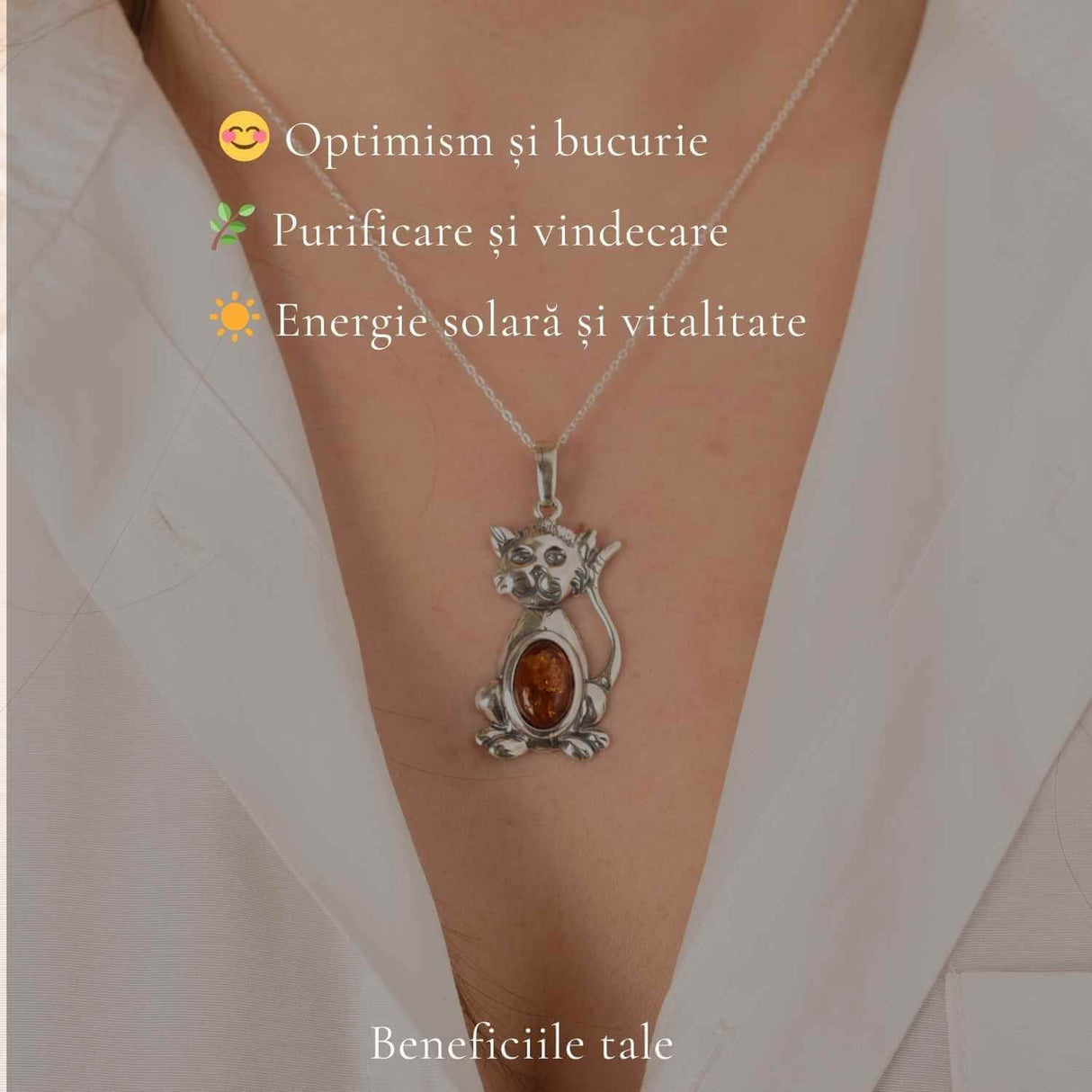 Colier argint 925 cu pisica si chihlimbar natural - Energie solara si protectie