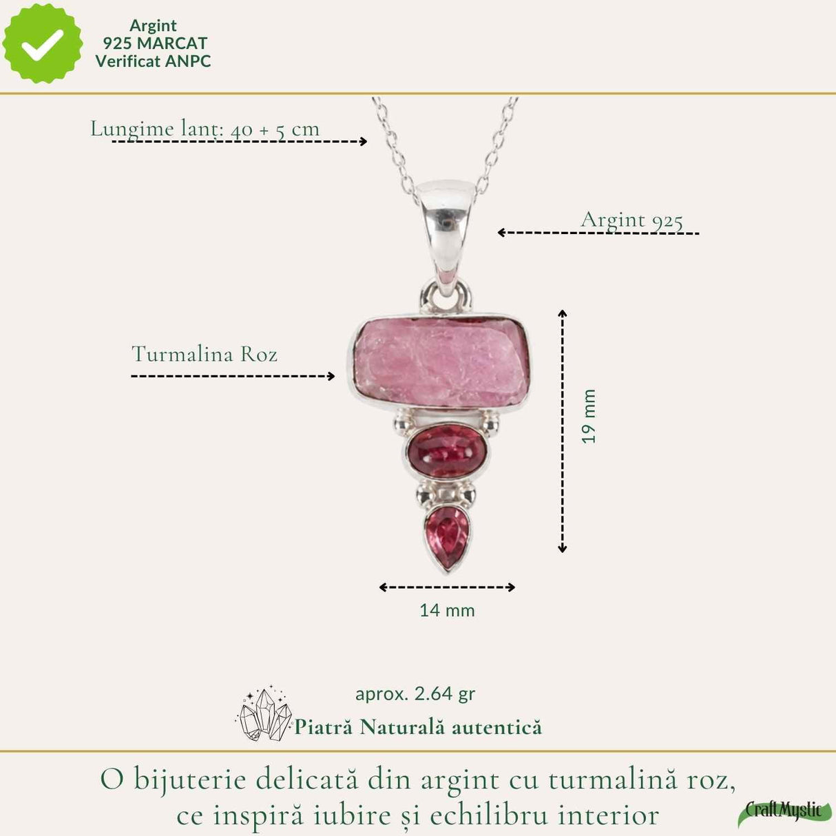 Colier Argint 925 cu Triplu Turmalina Roz – Iubire si Echilibru Emotional