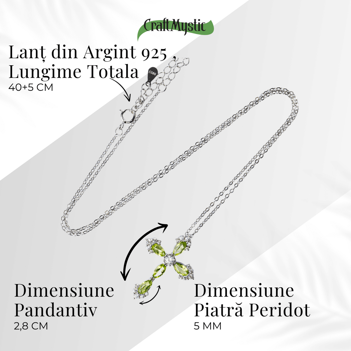 Colier Argint 925 cu Crucifix din Peridot Natural si Zirconiu - Simbol al Prosperitatii, Vitalitatii si Armoniei Interioare