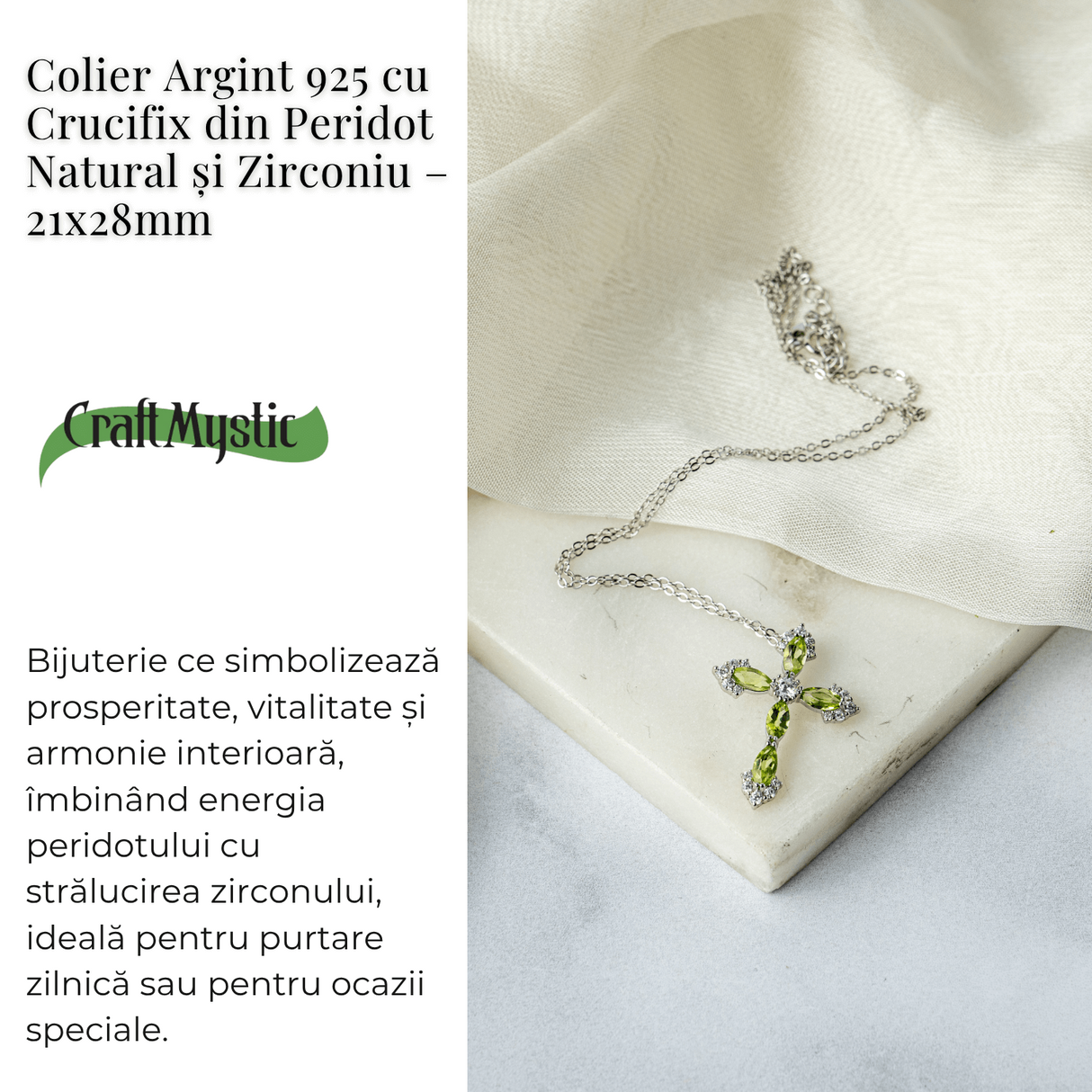 Colier Argint 925 cu Crucifix din Peridot Natural si Zirconiu - Simbol al Prosperitatii, Vitalitatii si Armoniei Interioare