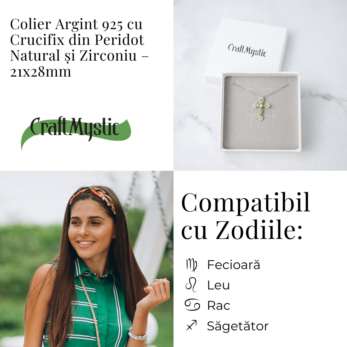 Colier Argint 925 cu Crucifix din Peridot Natural si Zirconiu - Simbol al Prosperitatii, Vitalitatii si Armoniei Interioare