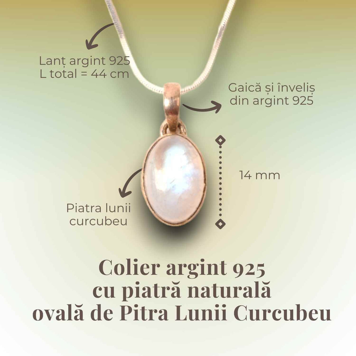 Colier argint 925 cu piatra Lunii Curcubeu ovala, protectie si echilibru