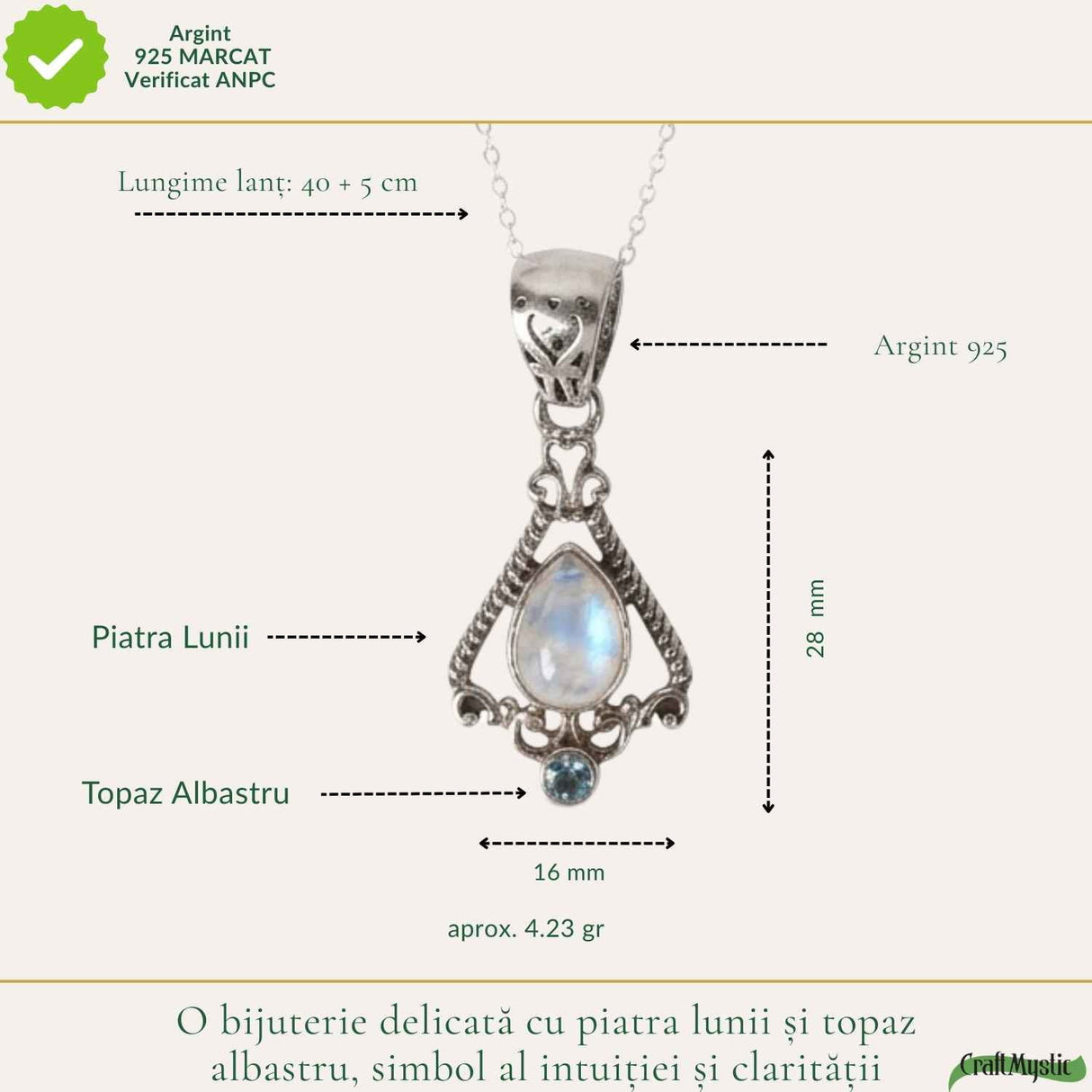 Colier Argint 925 Floare cu Piatra Lunii si Topaz Albastru – Echilibru si Claritate
