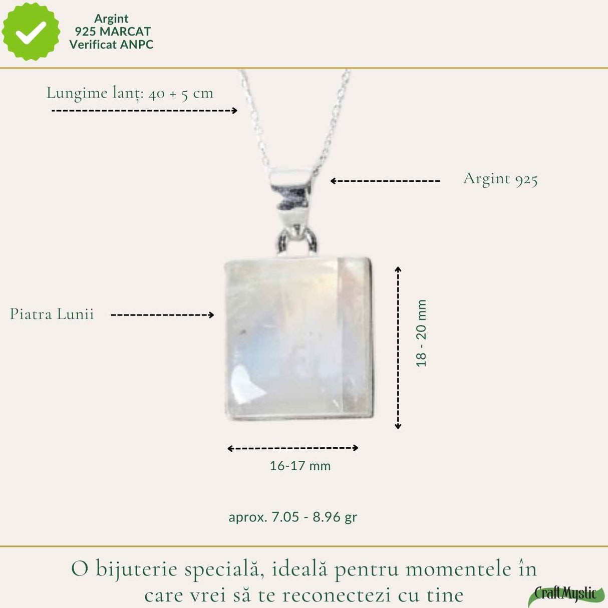 Colier Argint 925 cu Piatra Lunii Patrat – Echilibru si Intuitie Naturala