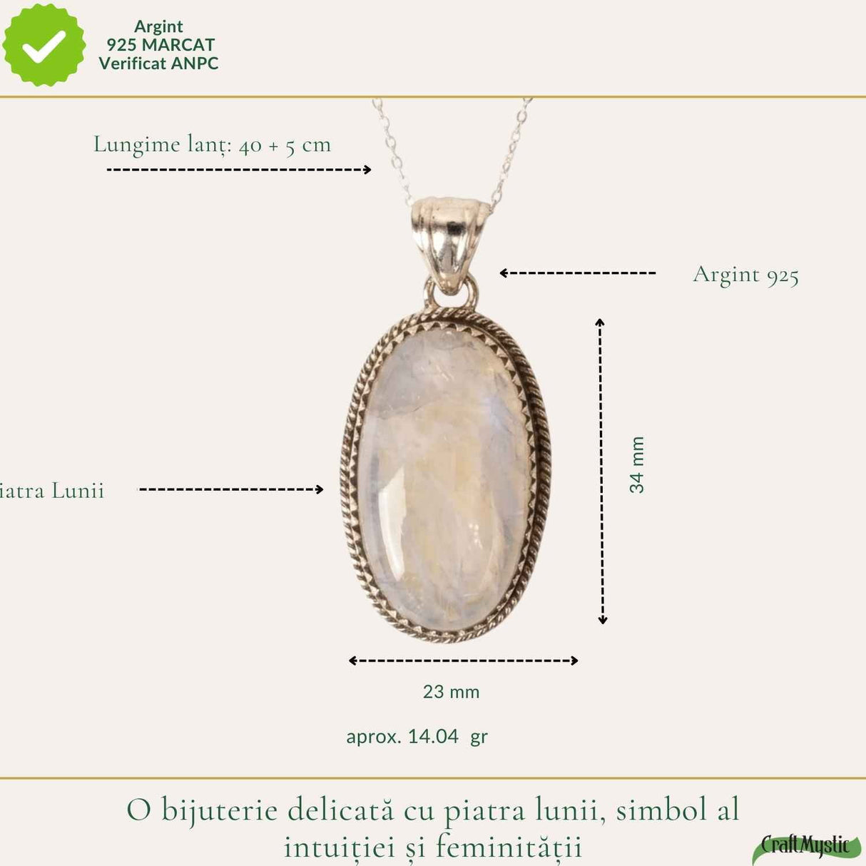 Colier Argint 925 cu Piatra Lunii Oval Mare – Echilibru si Intuitie Profunda
