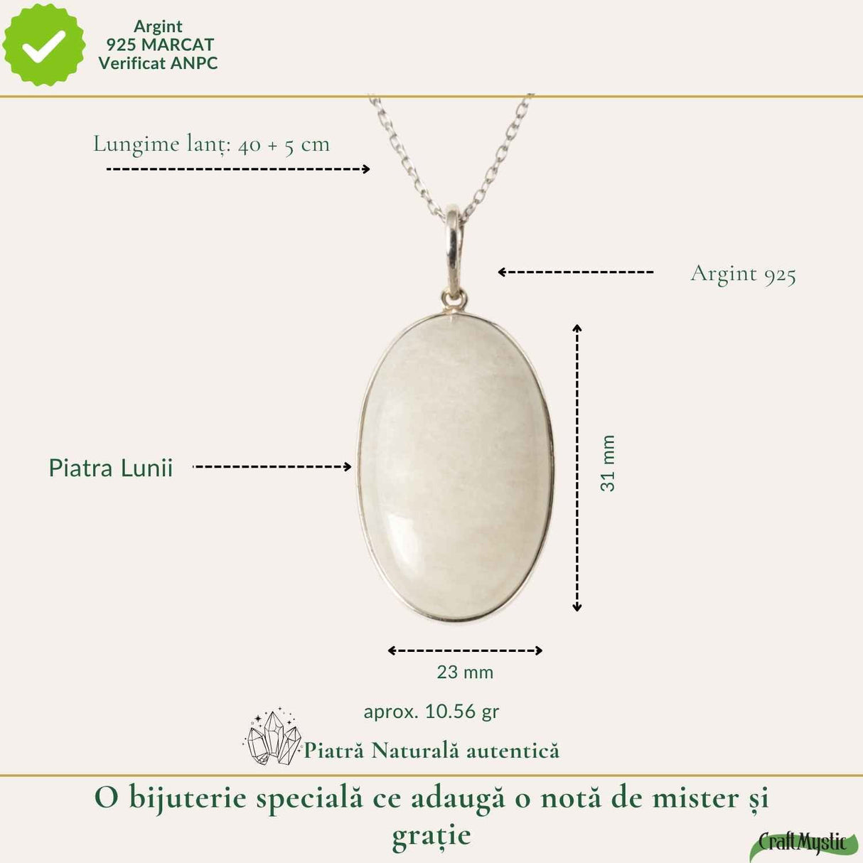 Colier argint 925 piatra lunii oval – intuitie si echilibru interior