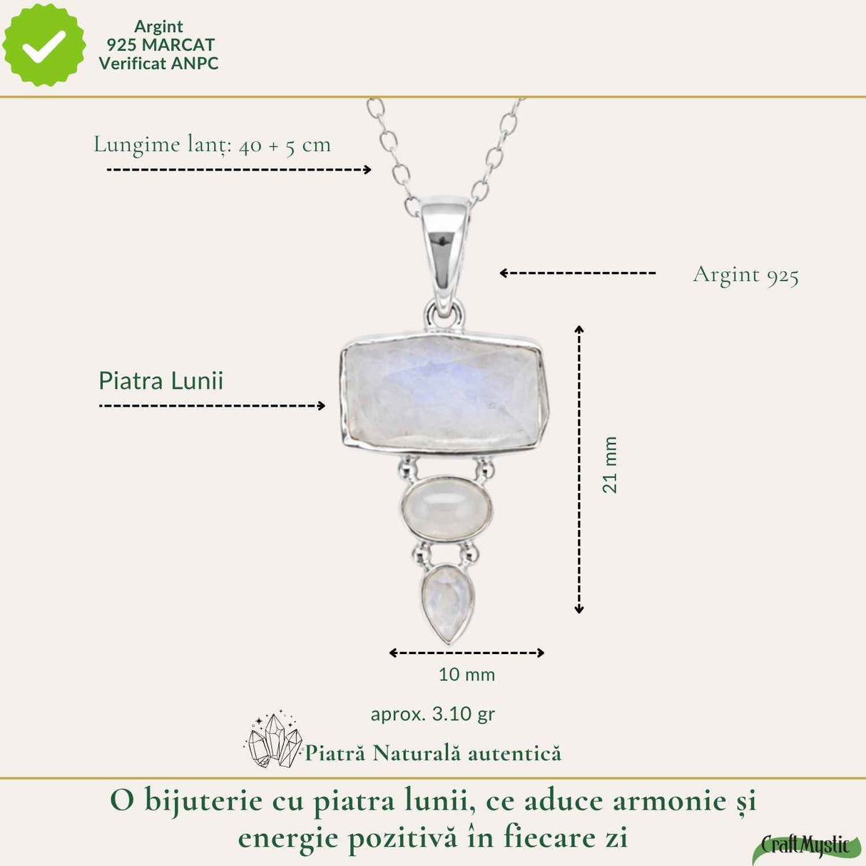 Colier Argint 925 cu Tripla Piatra Lunii – Intuitie si Echilibru Emotional