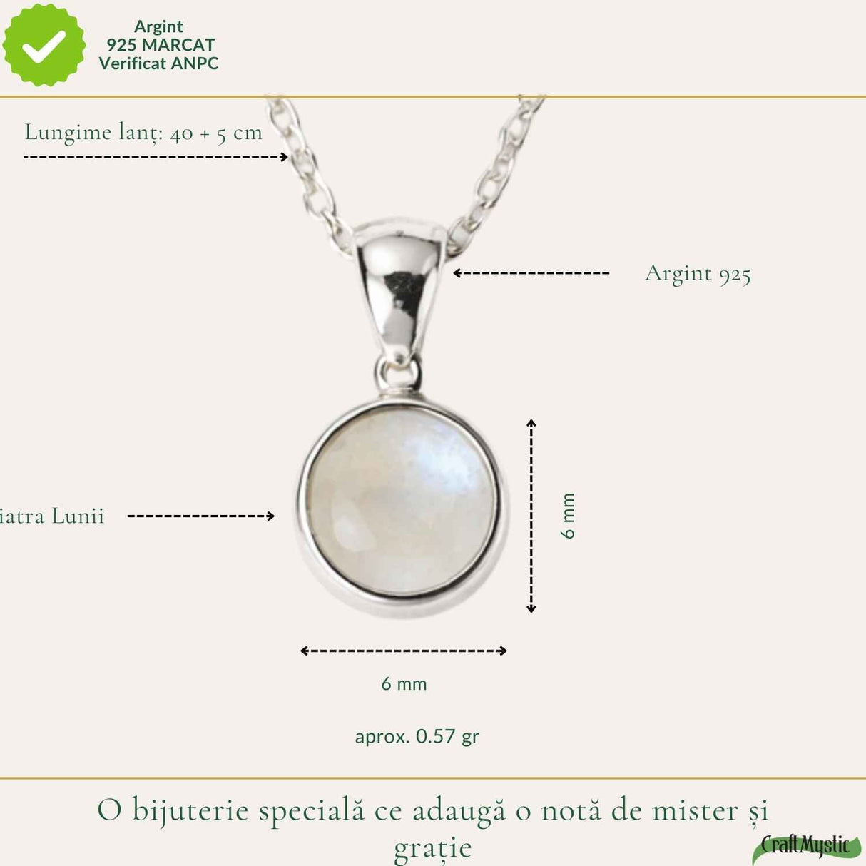 Colier Argint 925 cu Piatra Lunii Rotund – Echilibru si Intuitie Zilnica