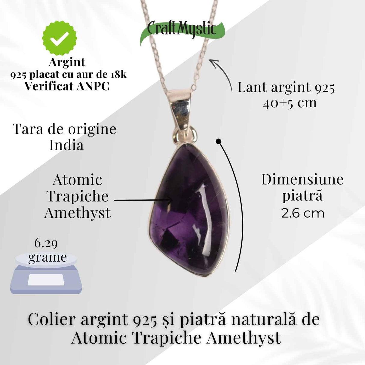 Colier argint 925 cu piatra naturala Atomic Trapiche Amethyst forma marquise - Intuitie si Protectie Spirituala