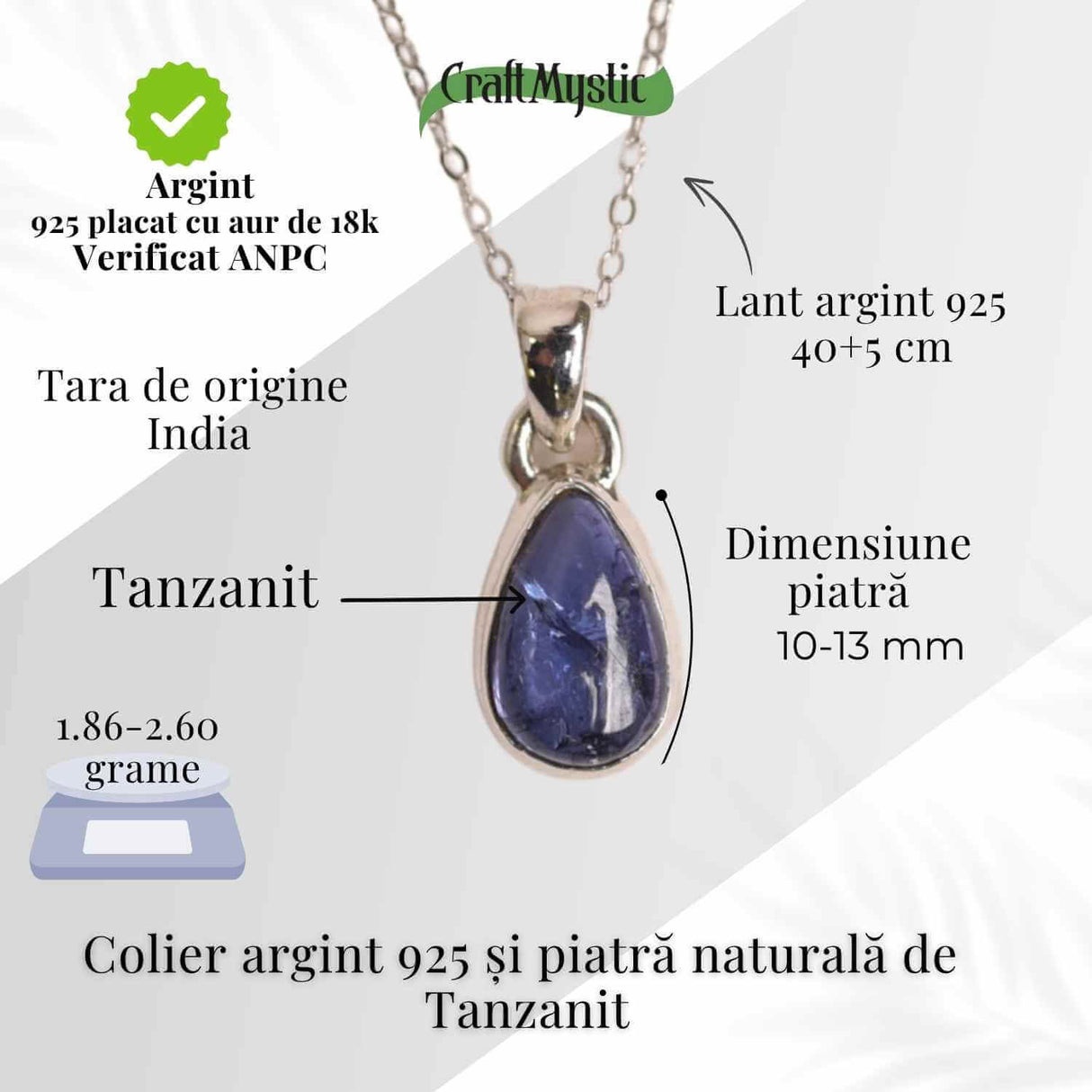 Colier argint 925 cu piatra naturala Tanzanit lacrima - Claritate, Intuitie si Renastere Interioara