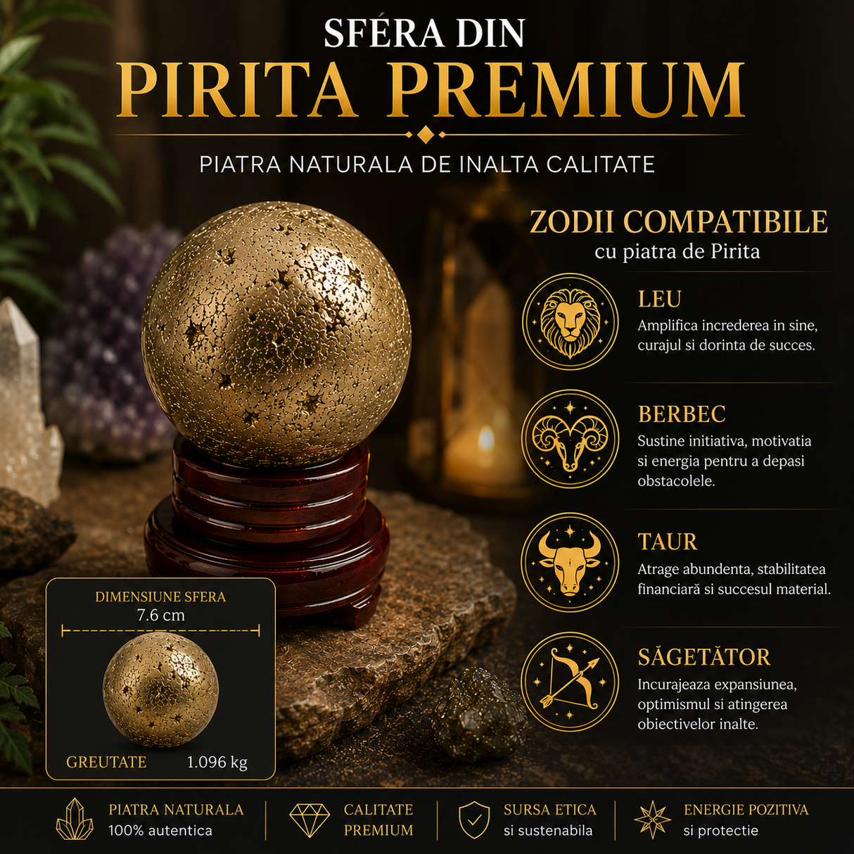 Sfera din Pirita Naturala Premium cu Suport – Prosperitate si Protectie Energetica