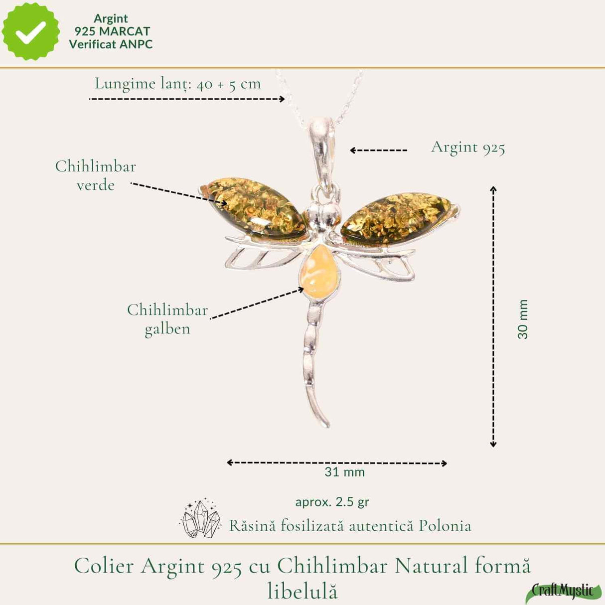 Colier argint 925 cu libelula si chihlimbar natural - Energie solara si transformare