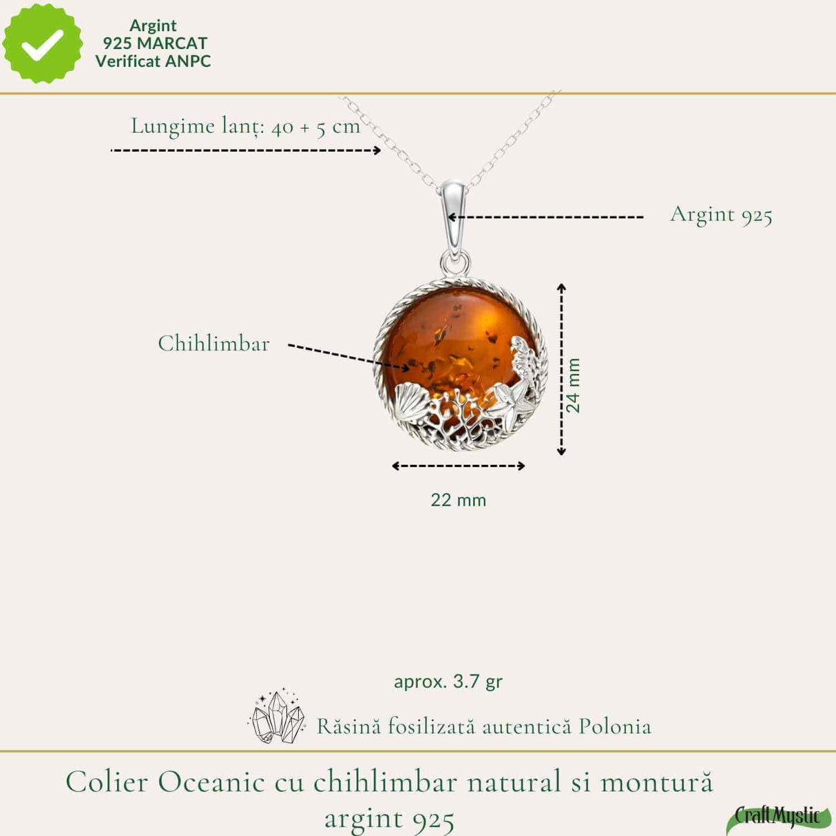 Colier argint 925 rotund cu chihlimbar natural - Energie solara si echilibru