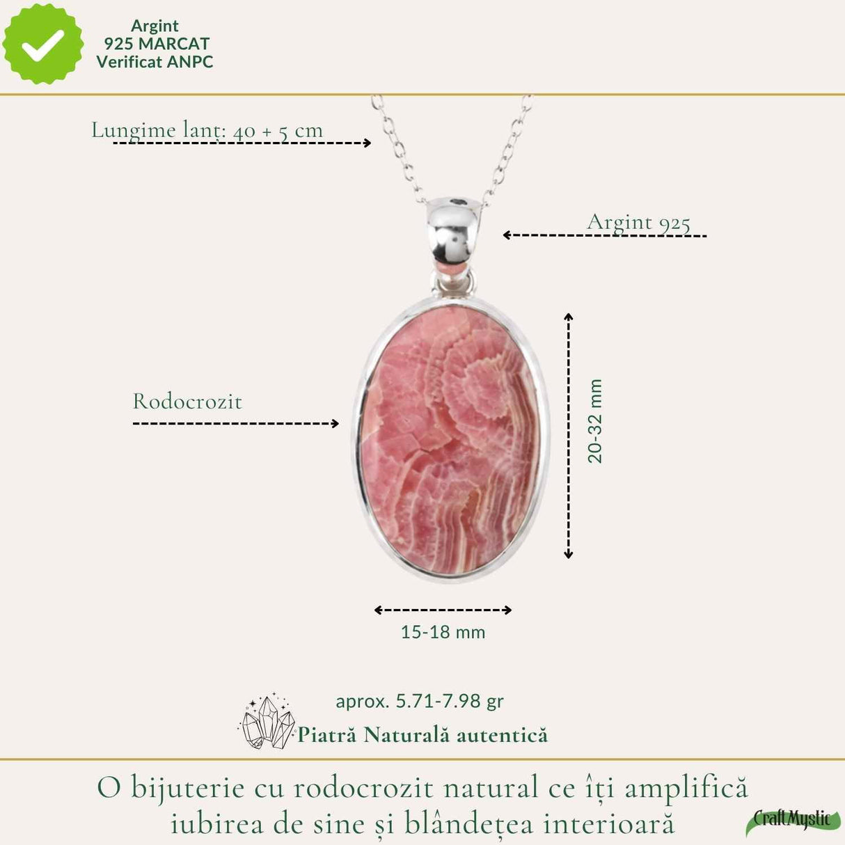 Colier Argint 925 cu Rodocrozit Natural Oval – Echilibru Emotional si Energie Blanda