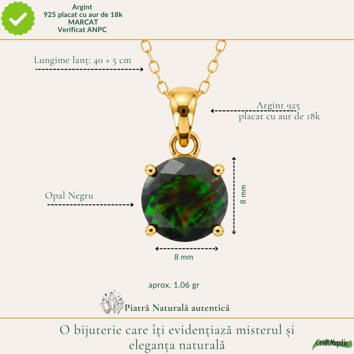 Colier Argint 925 Placat cu Aur 18K cu Opal Negru Rotund – Protectie si Mister