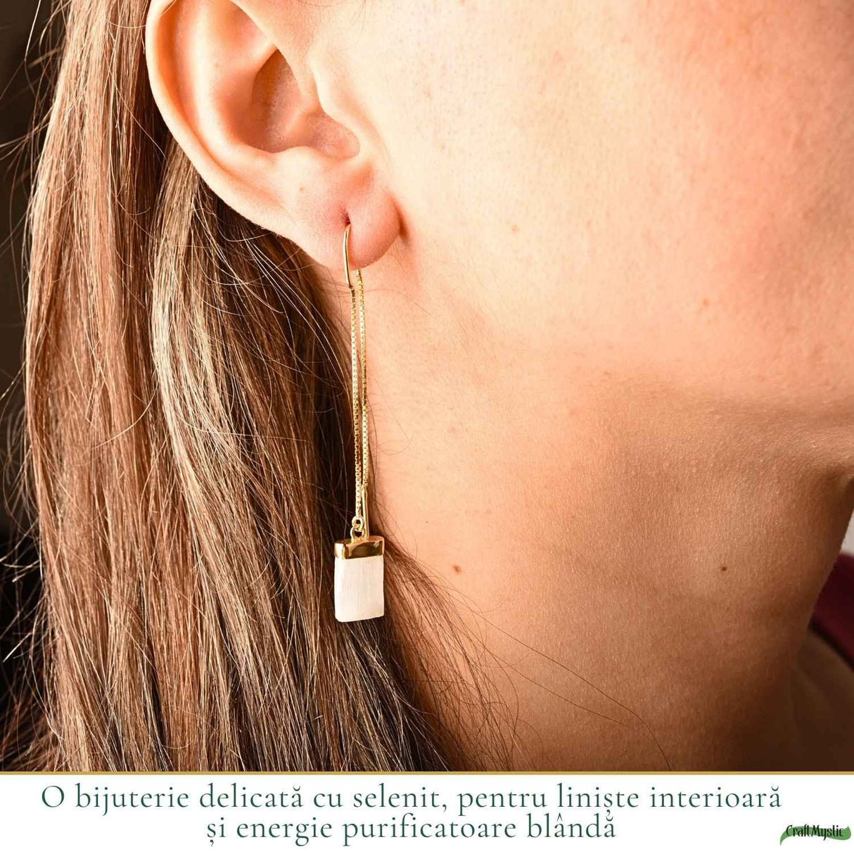 Cercei Argint 925 Placat cu Aur 18K cu Selenit Dreptunghiular – Liniste si Purificare