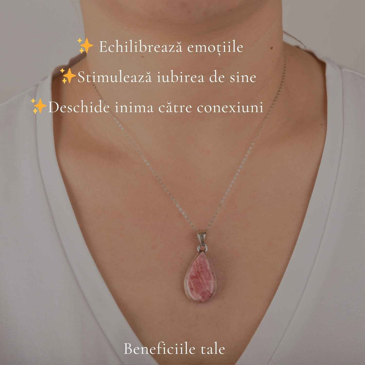 Colier Argint 925 cu Rodocrozit Natural Lacrima – Iubire de Sine si Echilibru Emotional