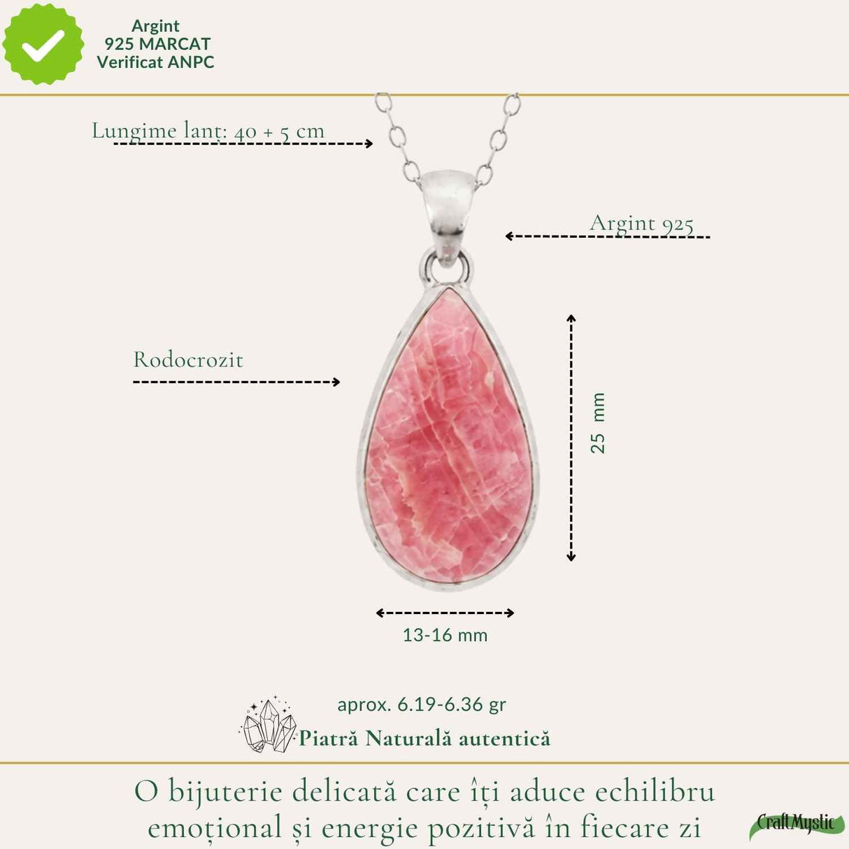 Colier Argint 925 cu Rodocrozit Natural Lacrima – Iubire de Sine si Echilibru Emotional