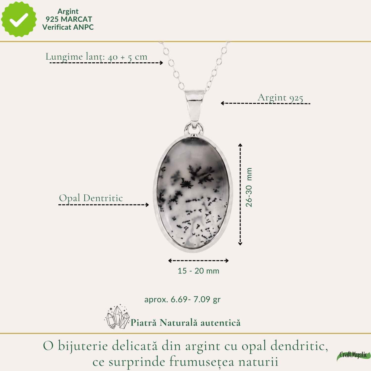 Colier argint 925 cu Opal Dendritic oval – Claritate si echilibru interior