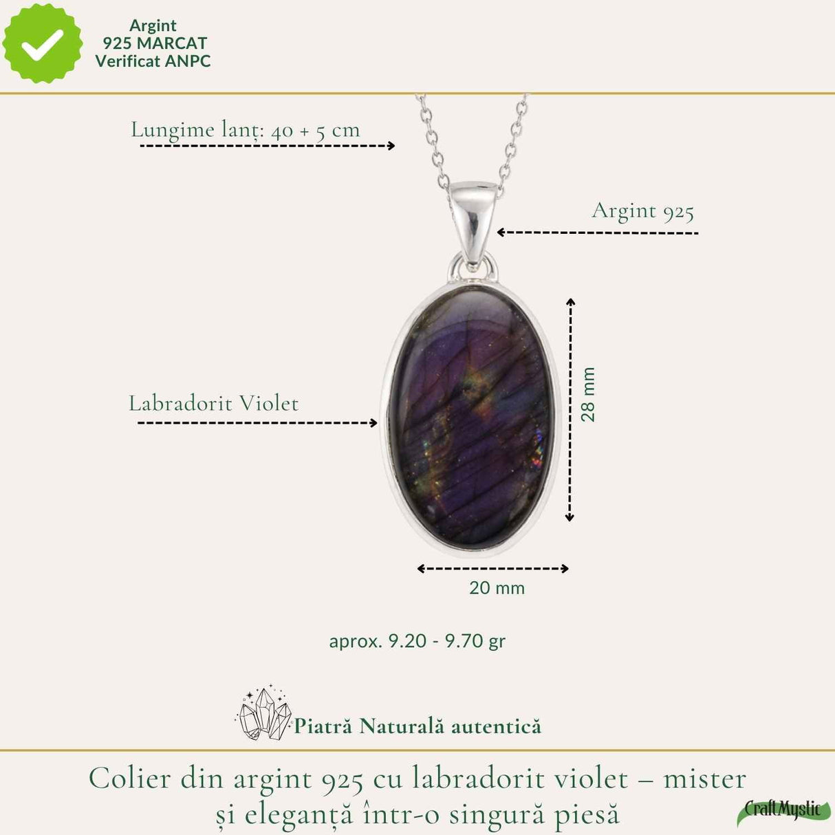 Colier Argint 925 cu Labradorit Violet Oval – Intuitie si Protectie
