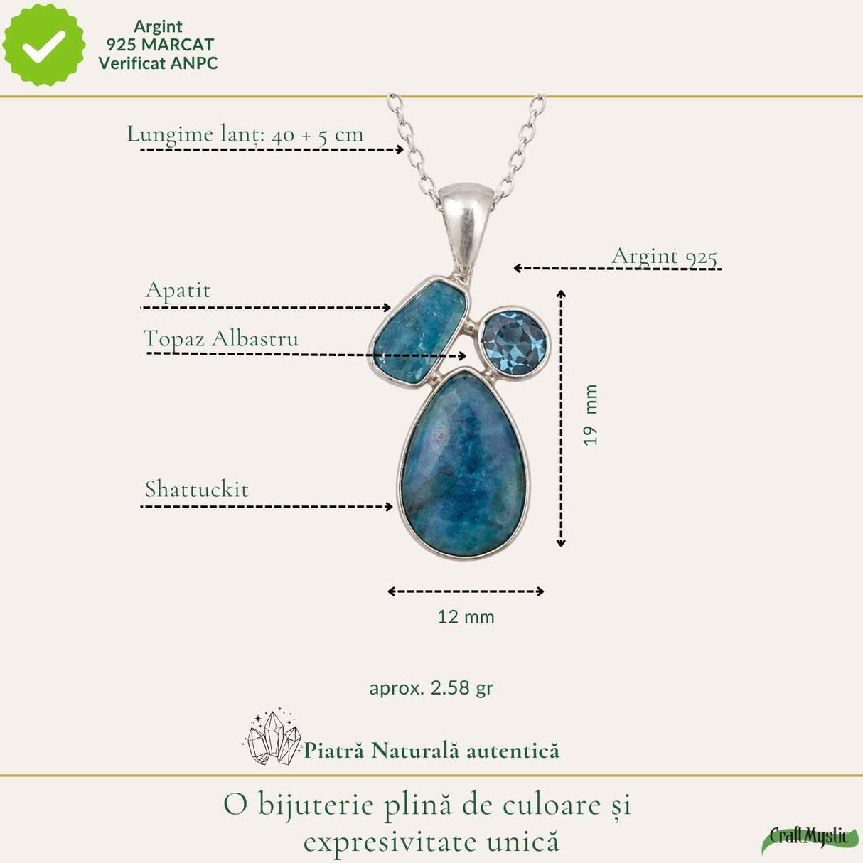 Colier argint 925 cu Topaz Albastru, Apatit si Shattuckit – Claritate si intuitie