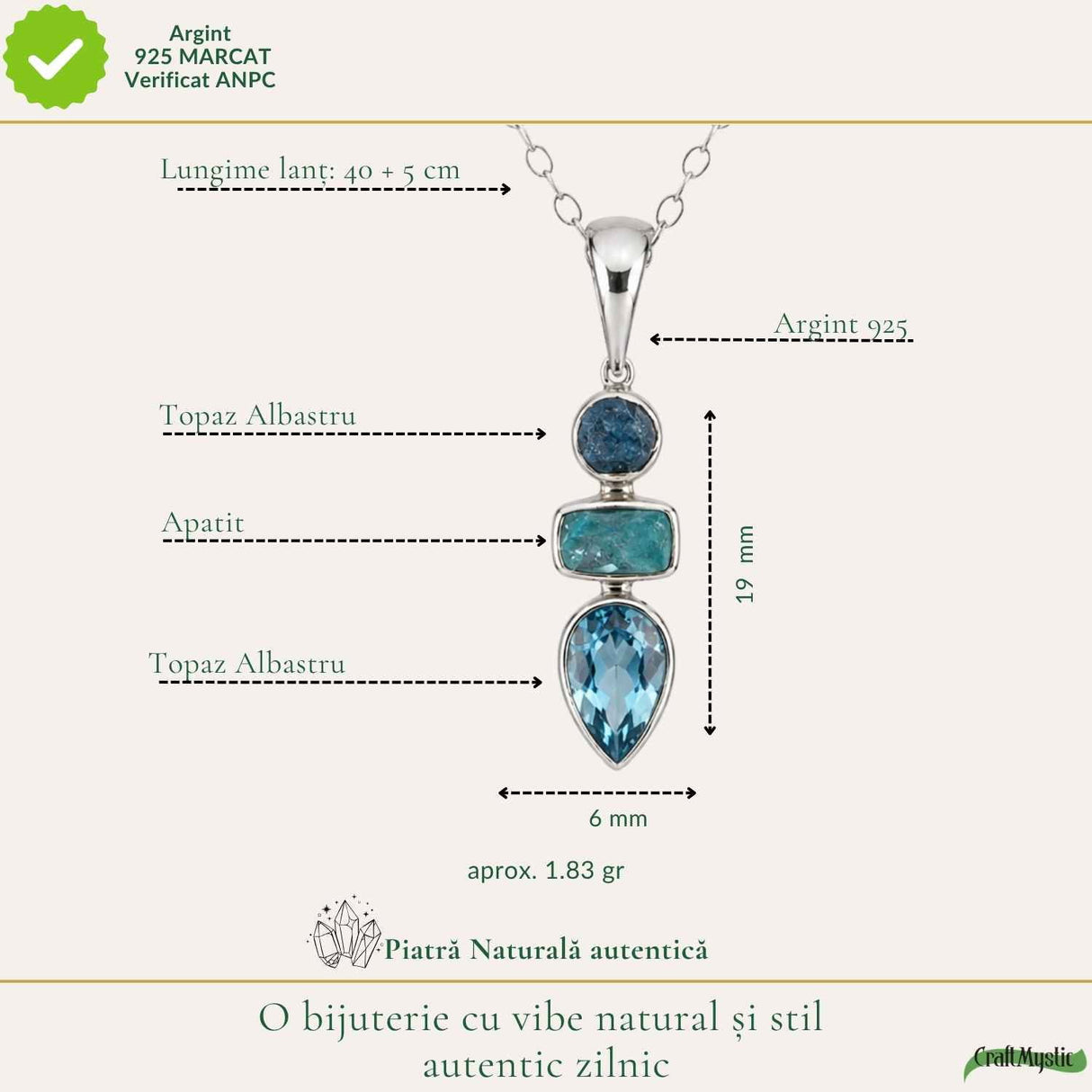 Colier argint 925 cu Topaz Albastru si Apatit – Claritate si comunicare
