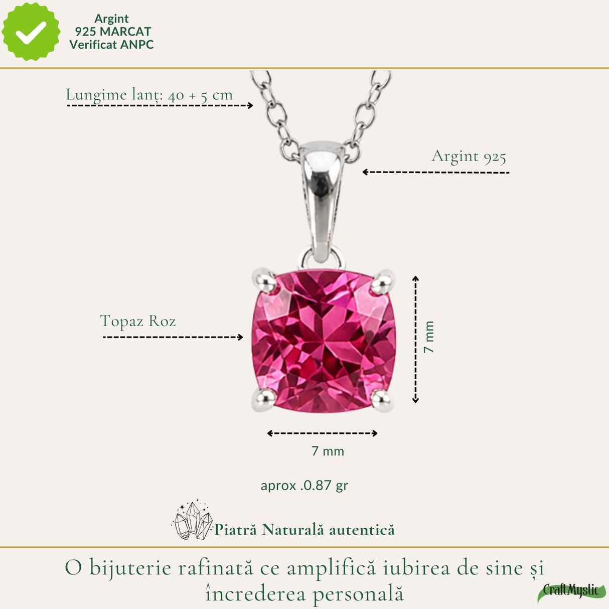 Colier Argint 925 cu Topaz Roz Patrat – Echilibru Emotional si Iubire de Sine