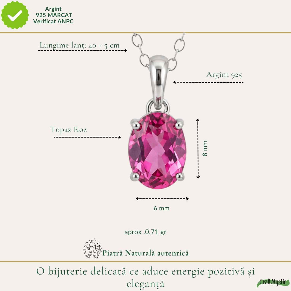 Colier argint 925 cu Topaz Roz forma oval – Iubire si echilibru emotional