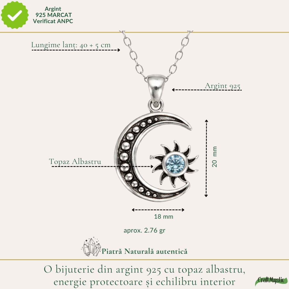 Colier argint 925 cu Topaz Albastru soare si semiluna – Claritate si echilibru
