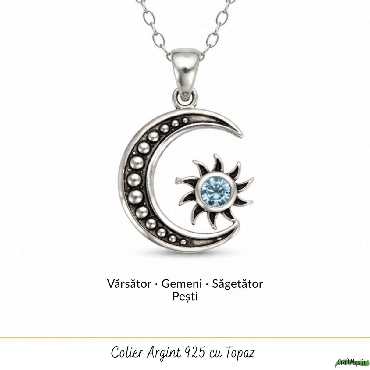 Colier argint 925 cu Topaz Albastru soare si semiluna – Claritate si echilibru