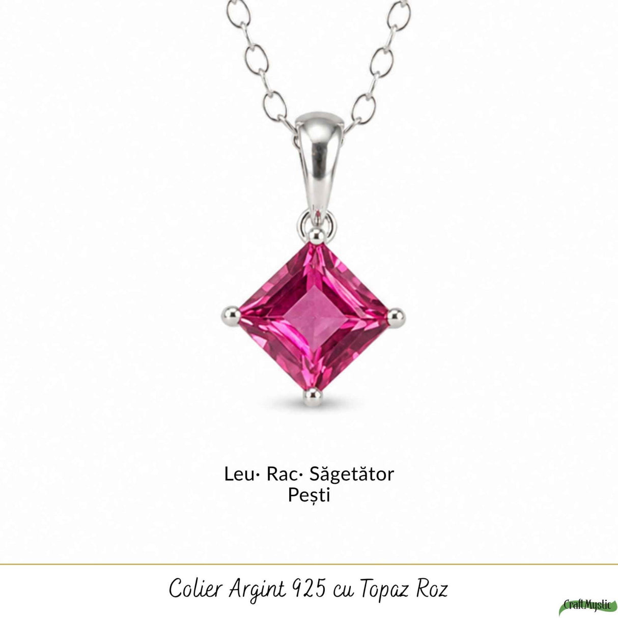 Colier argint 925 cu Topaz Roz forma de patrat – Iubire si echilibru emotional