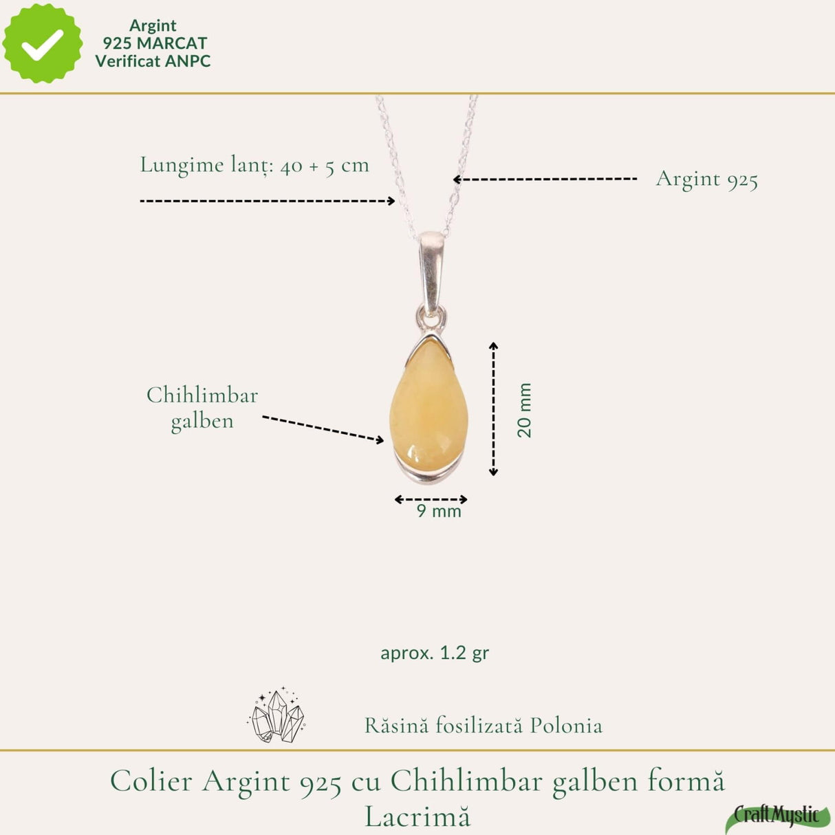 Colier argint 925 forma lacrima si chihlimbar galben - Energie solara si vitalitate
