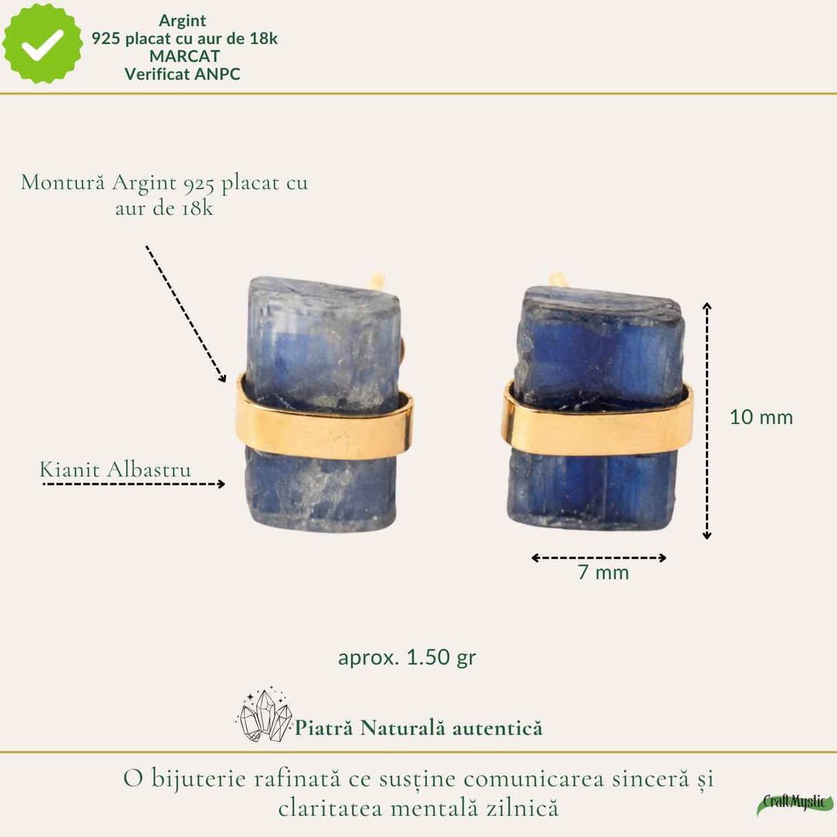 Cercei Argint 925 Placat cu Aur 18K cu Kianit Albastru Brut – Claritate si Intuitie