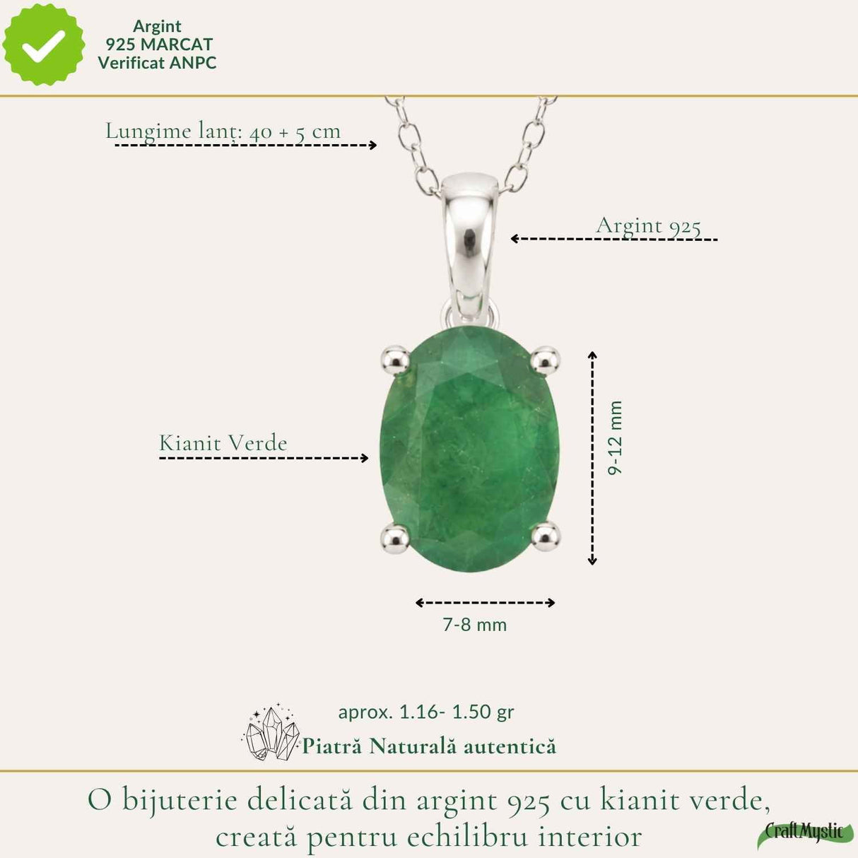 Colier Argint 925 cu Kianit Verde Fatetat – Echilibru si Claritate Interioara