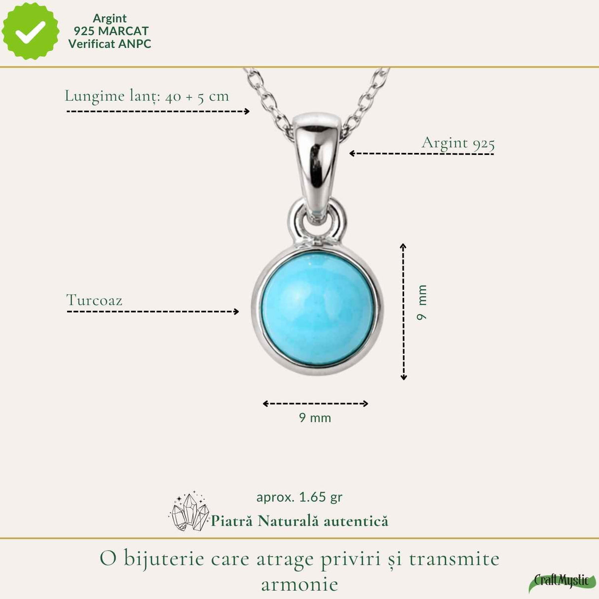 Colier argint 925 cu Turcoaz rotund – Echilibru si protectie zilnica