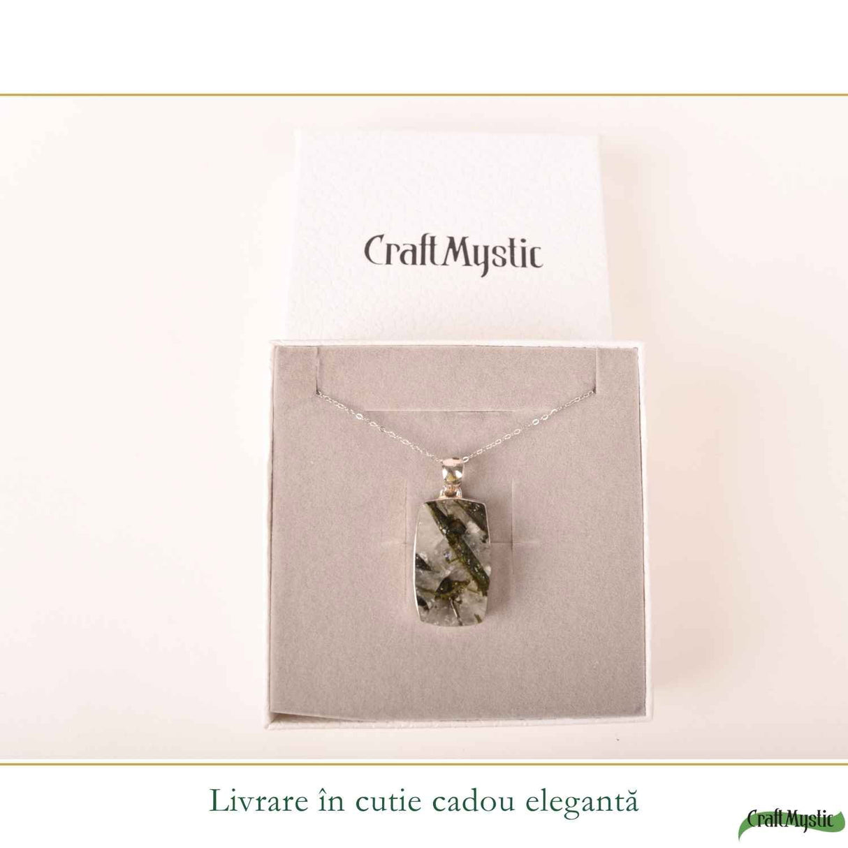 Colier Argint 925 cu Turmalina Verde si Cuart forma Dreptunghi – Echilibru si Claritate