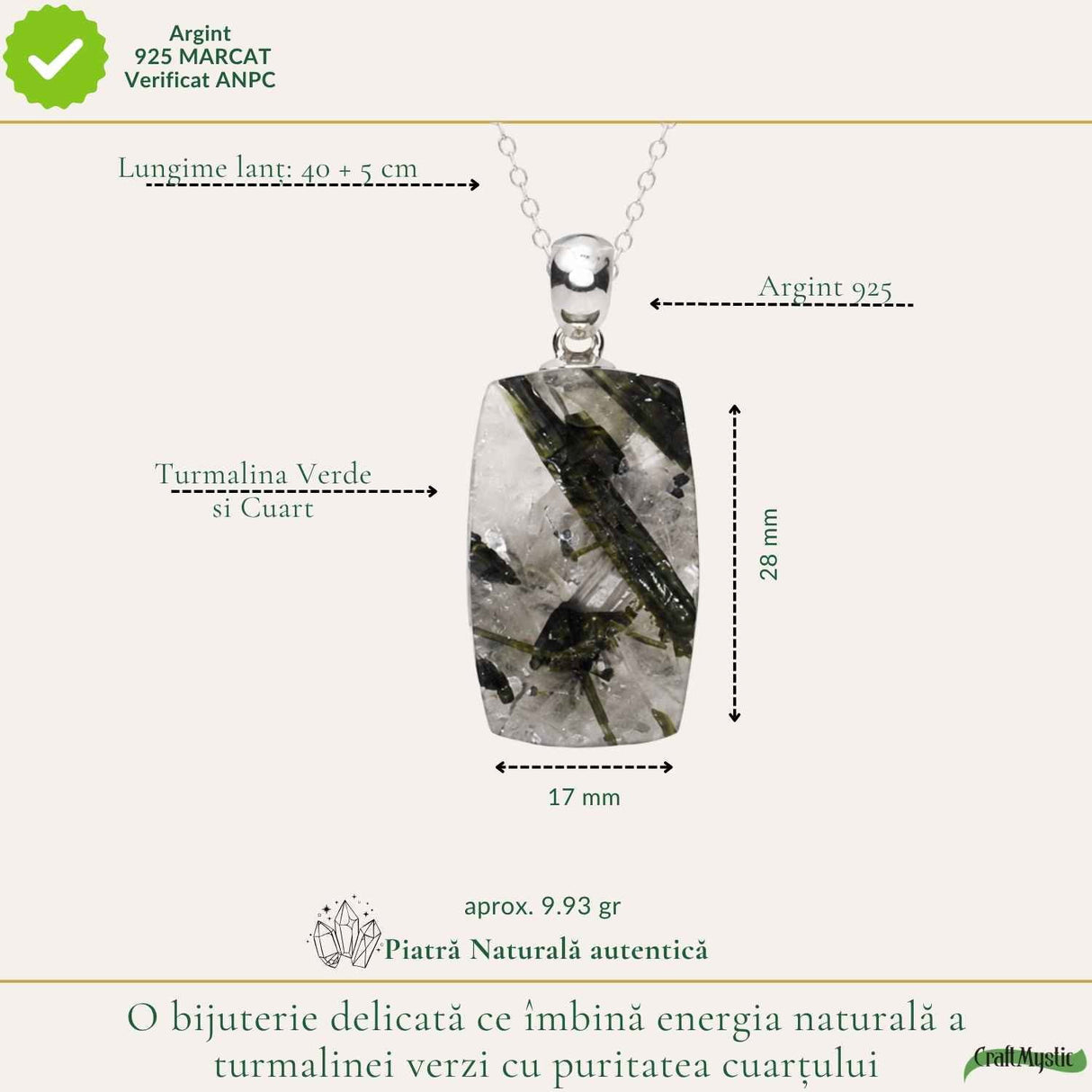 Colier Argint 925 cu Turmalina Verde si Cuart forma Dreptunghi – Echilibru si Claritate