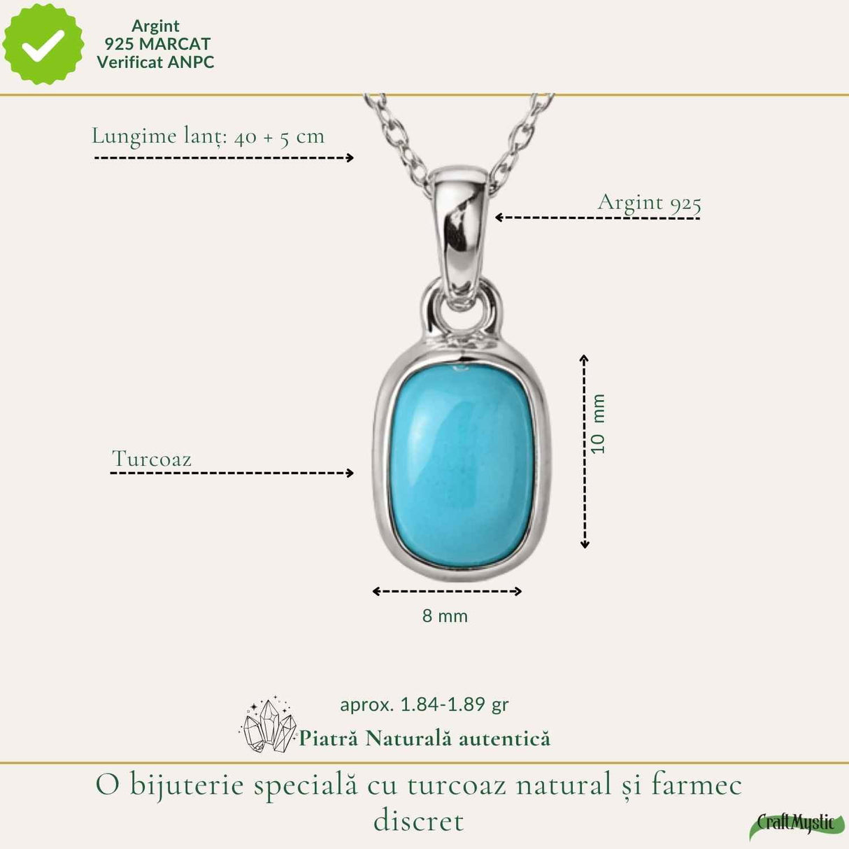 Colier Argint 925 cu Turcoaz Natural Dreptunghi – Calm si Energie Pozitiva