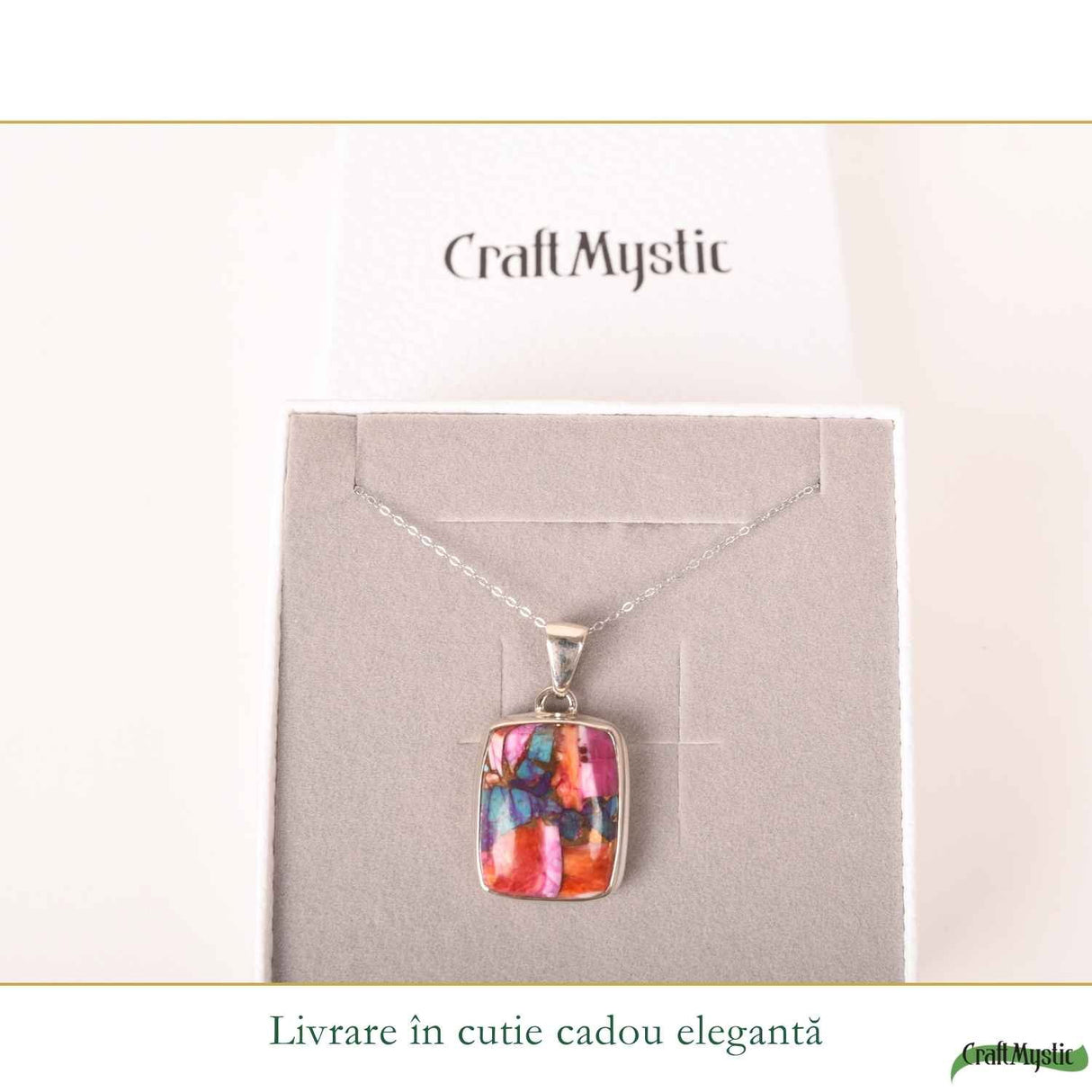 Colier Argint 925 cu Turcoaz Pink Dahlia Dreptunghi – Energie si Creativitate