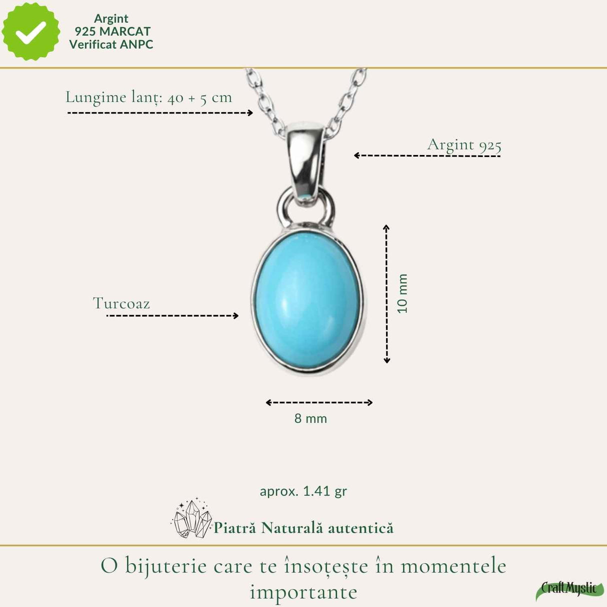 Colier argint 925 cu Turcoaz oval – Calm si echilibru interior