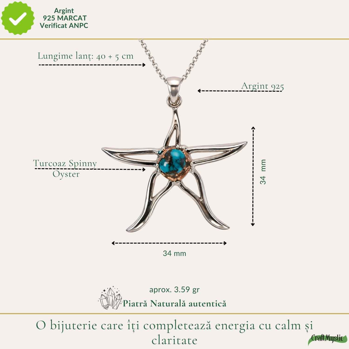 Colier argint 925 cu Turcoaz Spinny Oyster stea – inspiratie si protectie interioara
