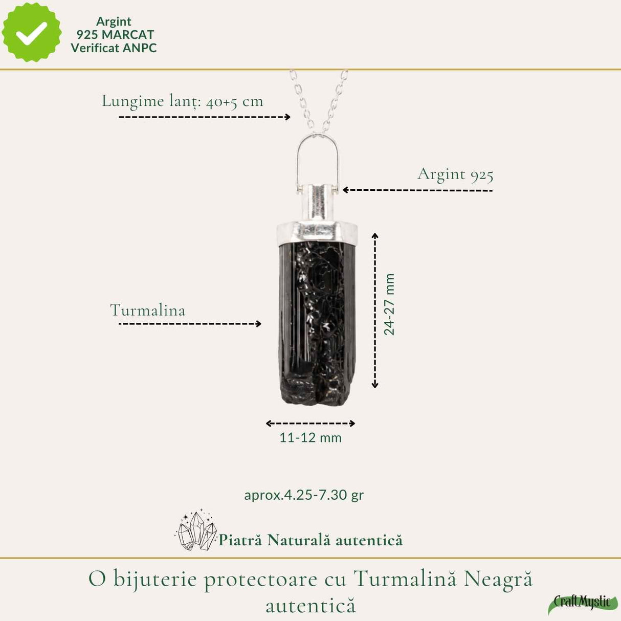 Colier Argint 925 cu Turmalina Naturala – Protectie si Echilibru Energetic