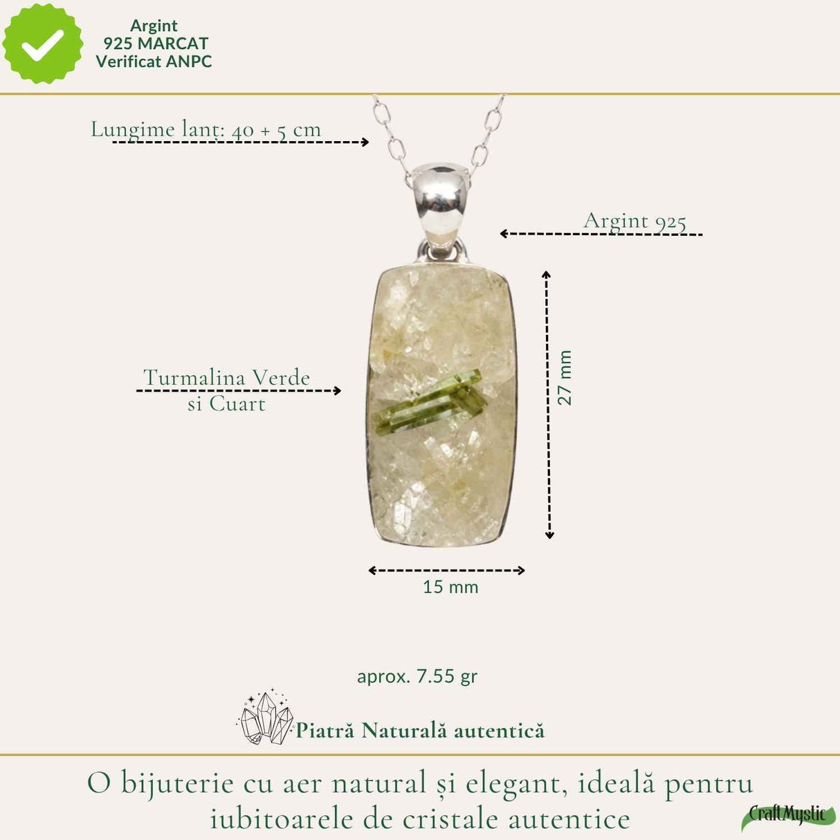 Colier Argint 925 cu Turmalina Verde si Cuart Dreptunghi – Echilibru si Protectie