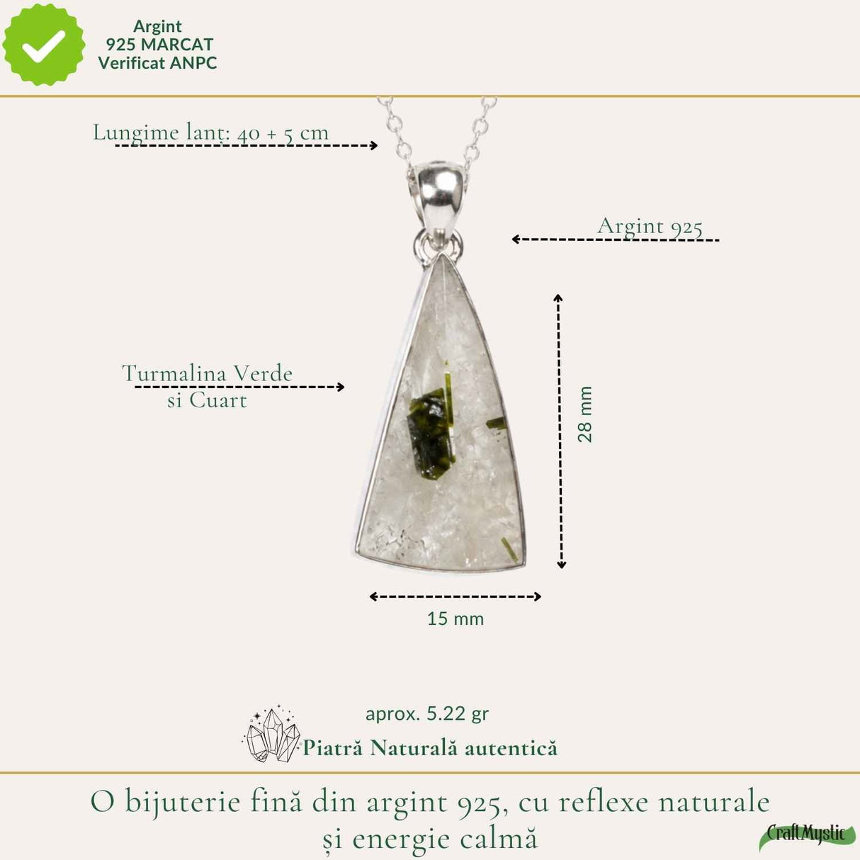 Colier Argint 925 cu Turmalina Verde si Cuart Triunghi – Protectie si Echilibru
