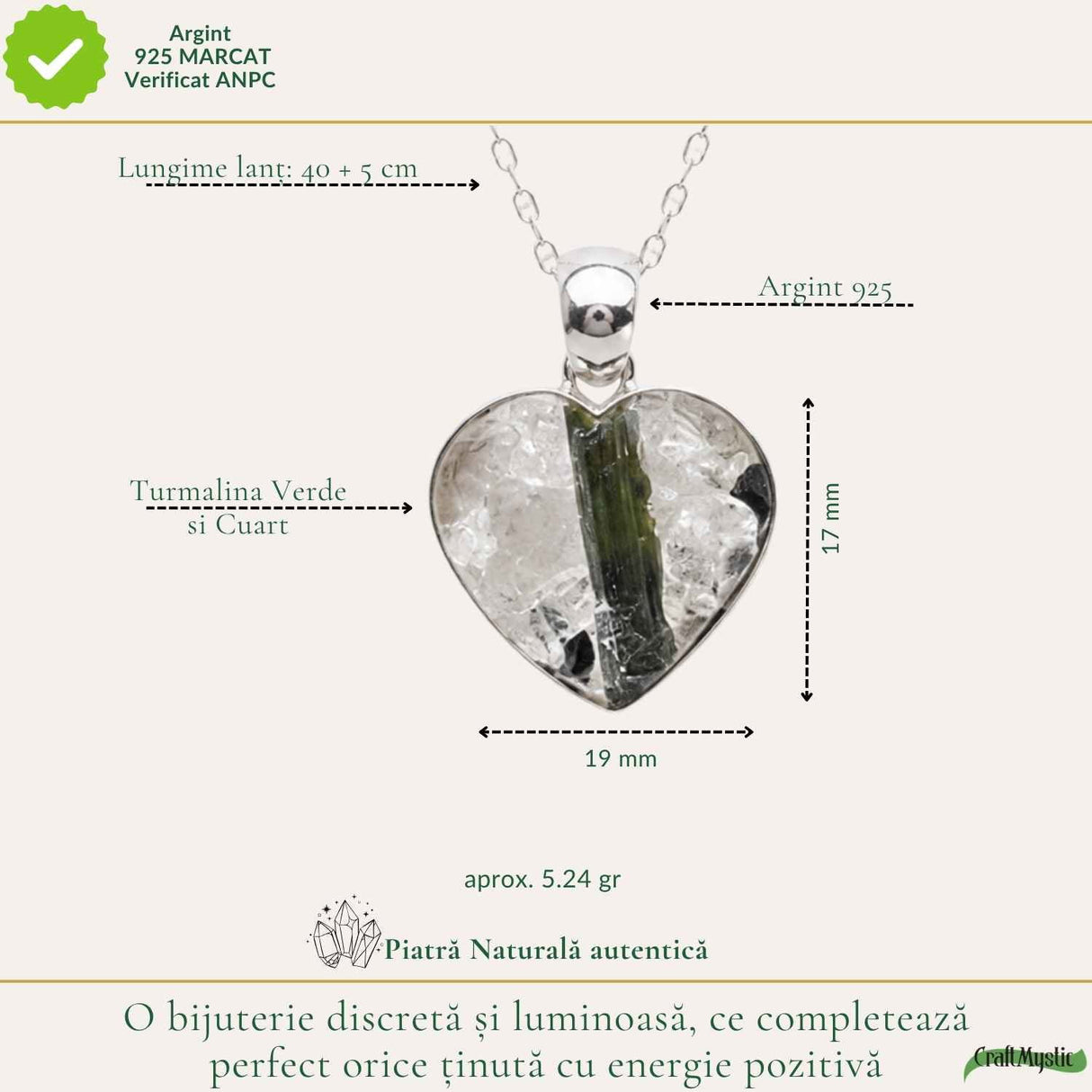 Colier Argint 925 cu Turmalina Verde si Cuart foma de Inima – Armonie si Iubire