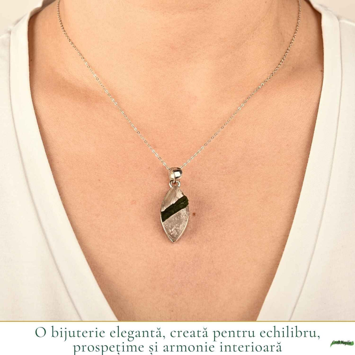 Colier Argint 925 cu Turmalina Verde si Cuart Delicat – Energie si Echilibru