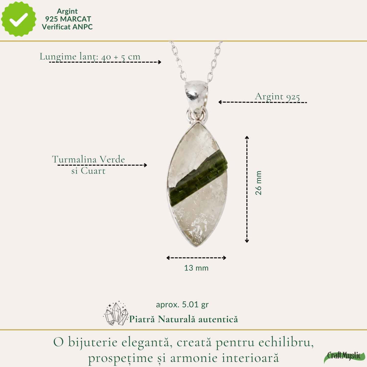 Colier Argint 925 cu Turmalina Verde si Cuart Delicat – Energie si Echilibru