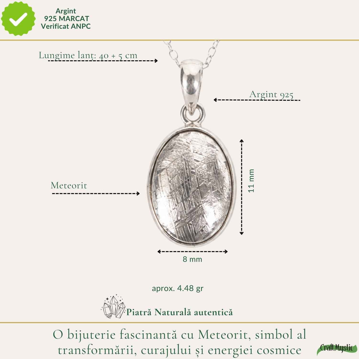 Colier Argint 925 cu Meteorit Oval – Curaj si Energie Cosmica